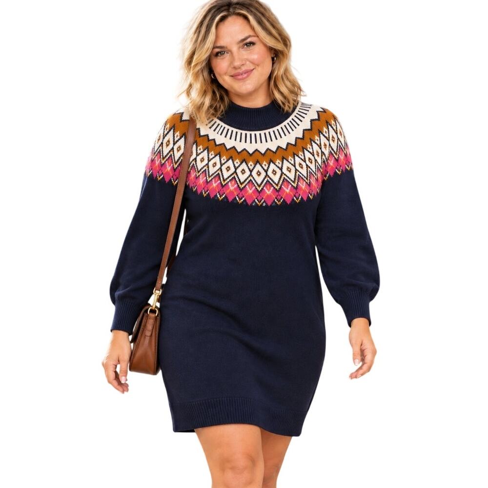 Old Navy Fair Isle Sweater Dress Womens XXL Blue Nordic Cozy Cabincore Warm